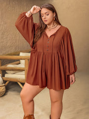Plus Size Tie Neck Balloon Sleeve Romper with Buttons and Ruched.