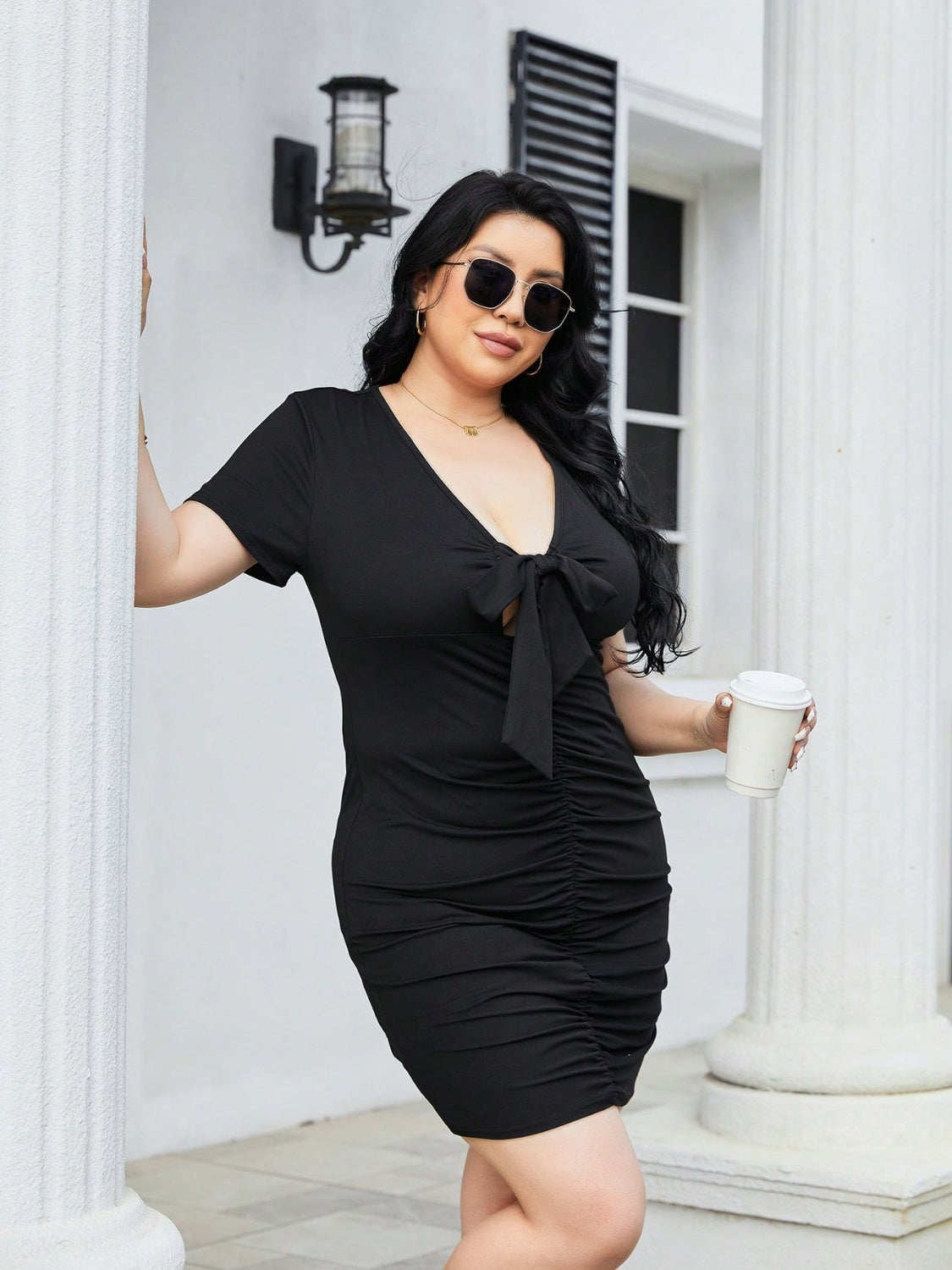 Plus Size Ruched Tied Short Sleeve Mini Dress.