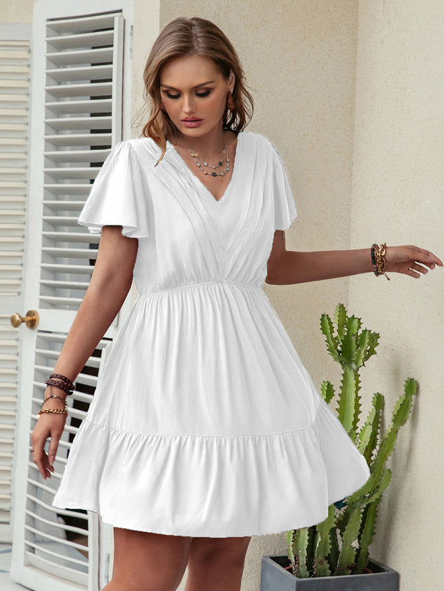Plus Size Ruffle Hem V-Neck Short Sleeve Dress.