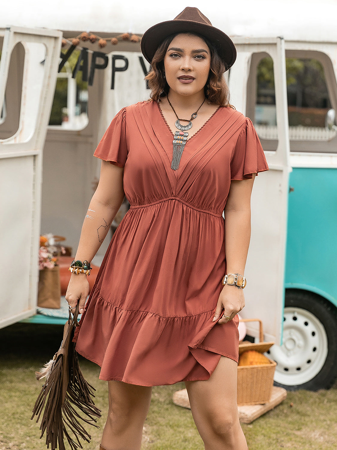Plus Size Ruffle Hem V-Neck Short Sleeve Dress.