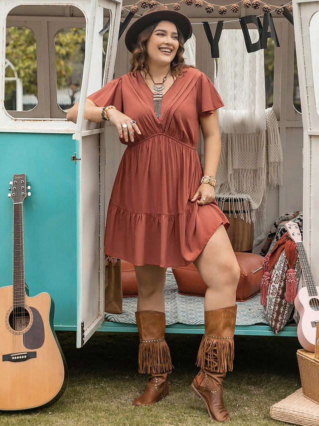 Plus Size Ruffle Hem V-Neck Short Sleeve Dress.