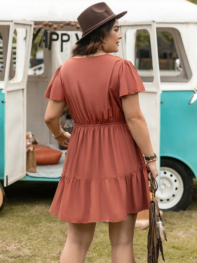 Plus Size Ruffle Hem V-Neck Short Sleeve Dress.