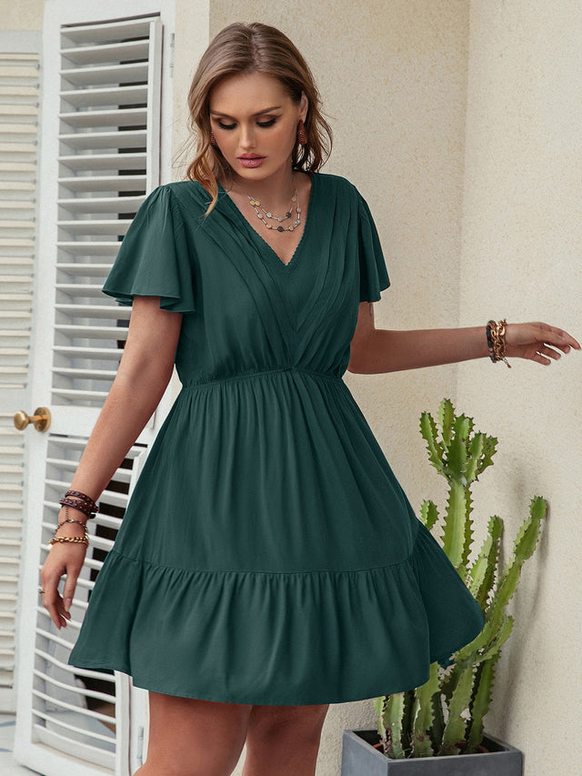 Plus Size Ruffle Hem V-Neck Short Sleeve Dress.