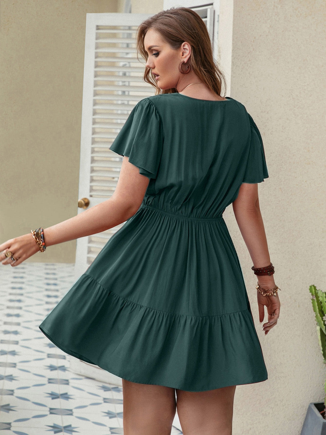Plus Size Ruffle Hem V-Neck Short Sleeve Dress.