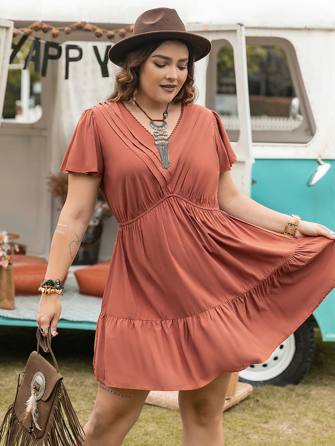 Plus Size Ruffle Hem V-Neck Short Sleeve Dress.