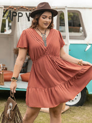 Plus Size Ruffle Hem V-Neck Short Sleeve Dress.