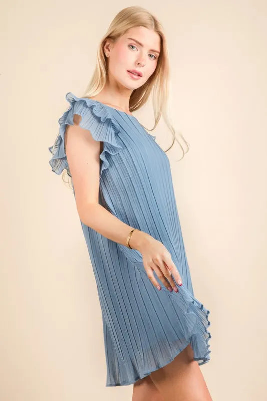Very J Plus Size Ruffle Sleeve Pleated Woven Mini Dress.