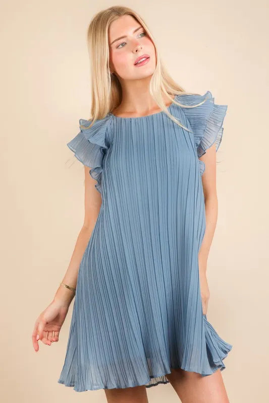 Very J Plus Size Ruffle Sleeve Pleated Woven Mini Dress.
