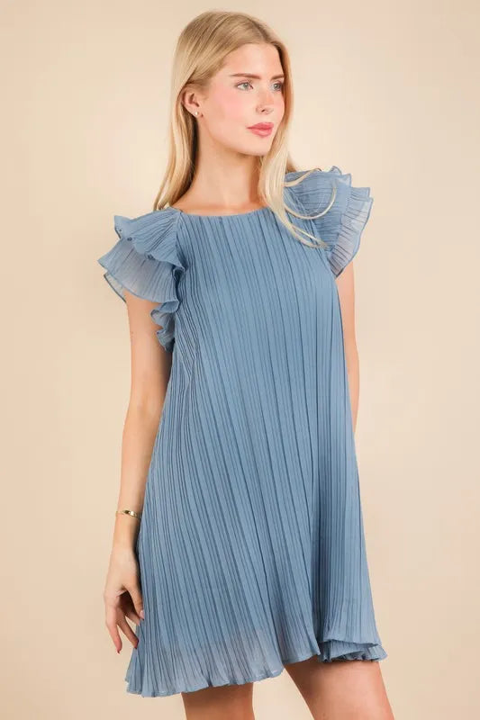 Very J Plus Size Ruffle Sleeve Pleated Woven Mini Dress.