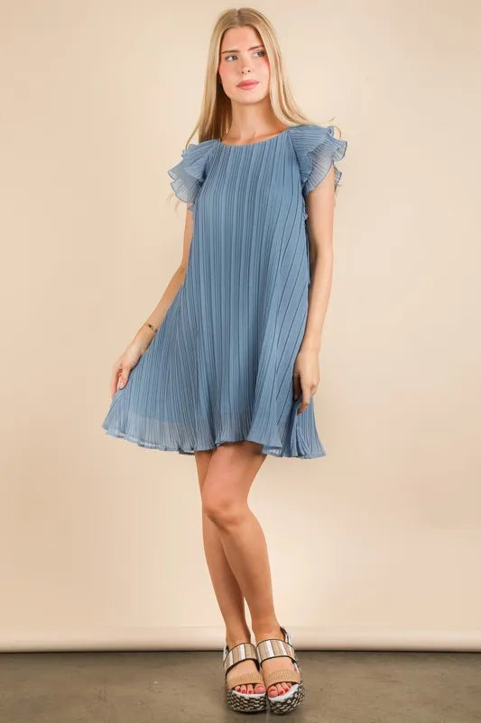 Very J Plus Size Ruffle Sleeve Pleated Woven Mini Dress.