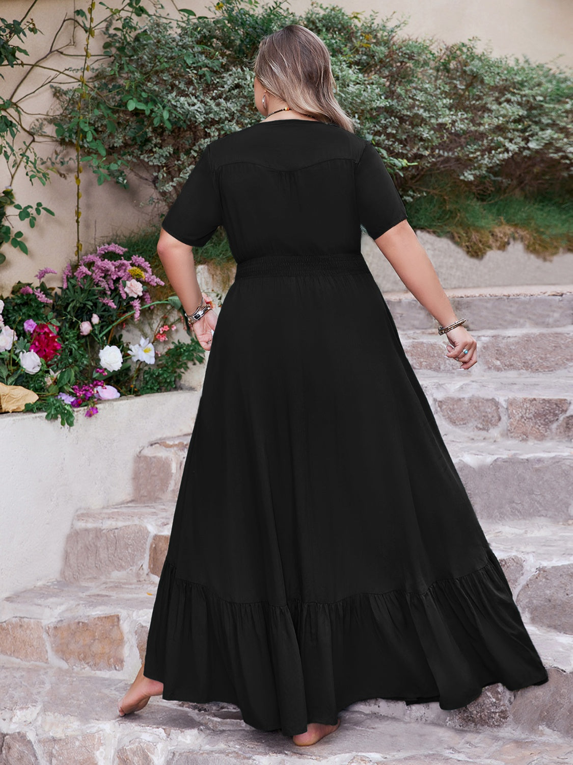 Plus Size Ruffled Hem Button Down V-Neck Short Sleeve Maxi Dress.