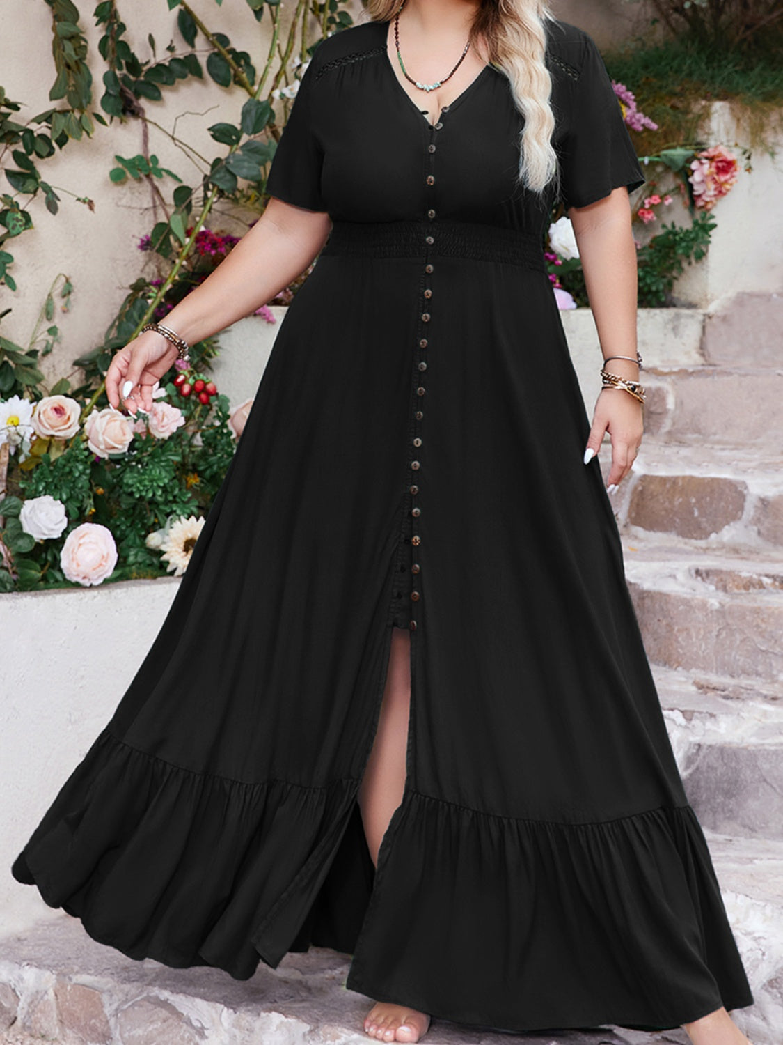 Plus Size Ruffled Hem Button Down V-Neck Short Sleeve Maxi Dress.