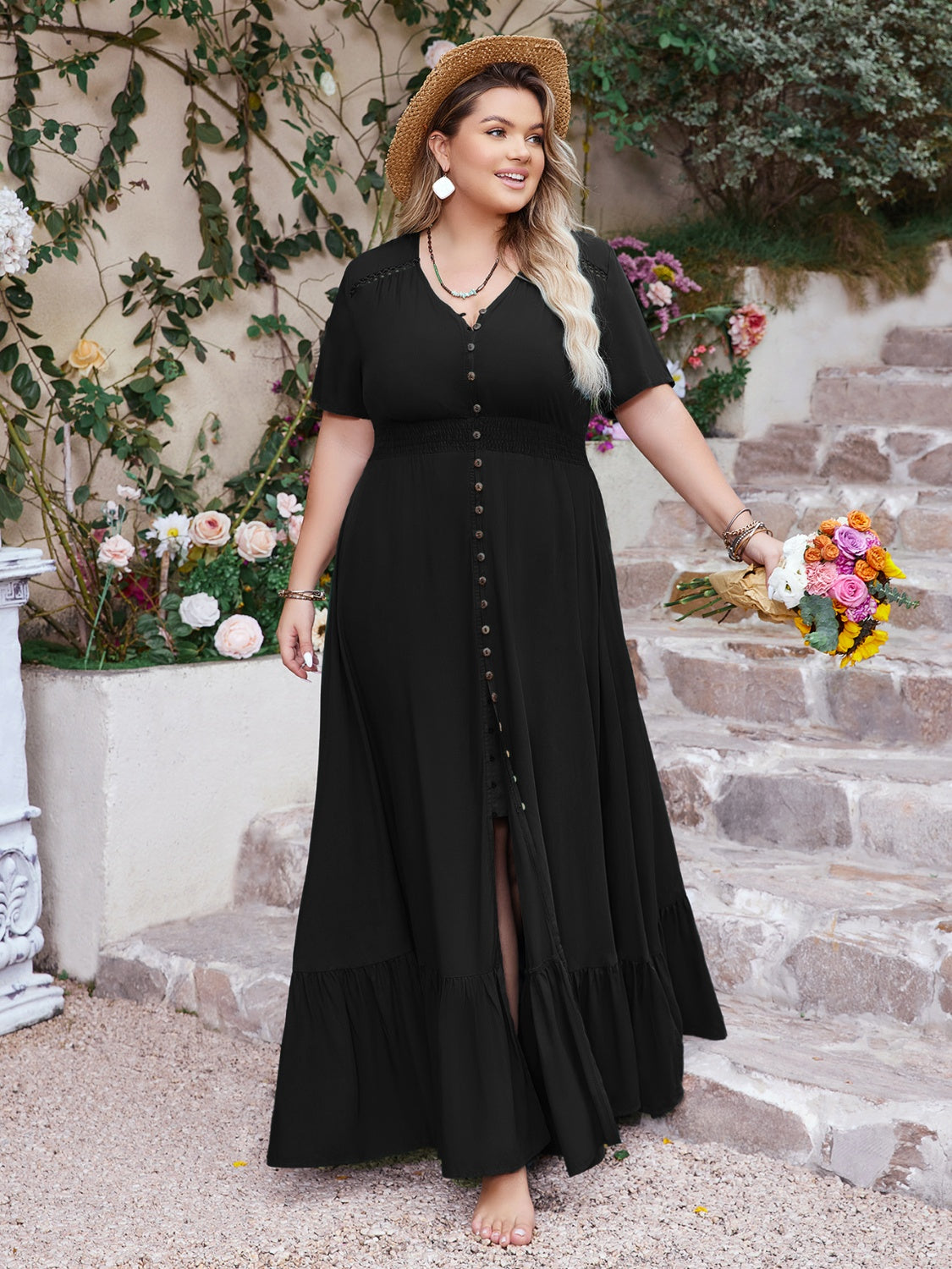 Plus Size Ruffled Hem Button Down V-Neck Short Sleeve Maxi Dress.