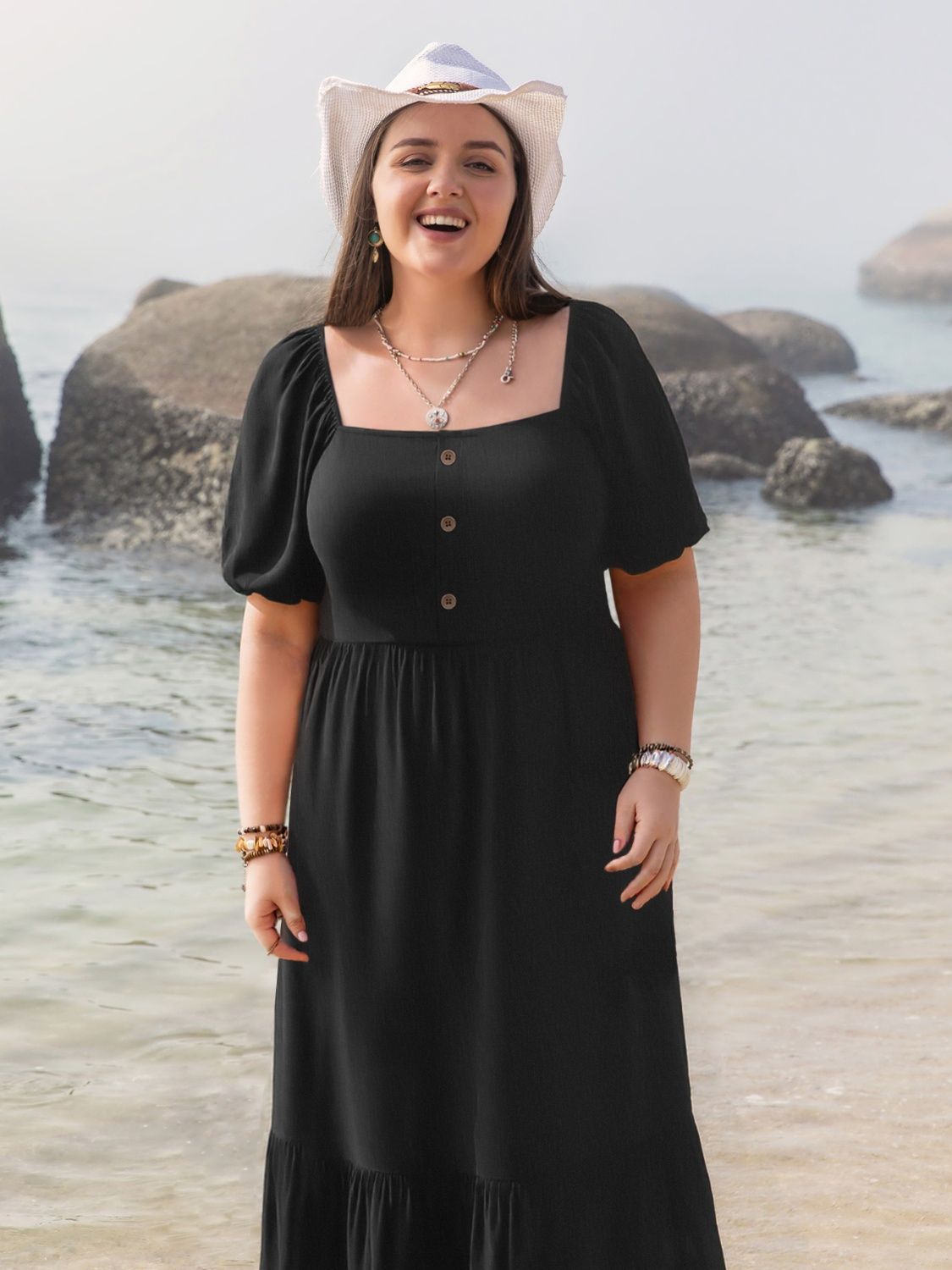 Plus Size Ruffled Hem Square Neck Short Sleeve Dress.