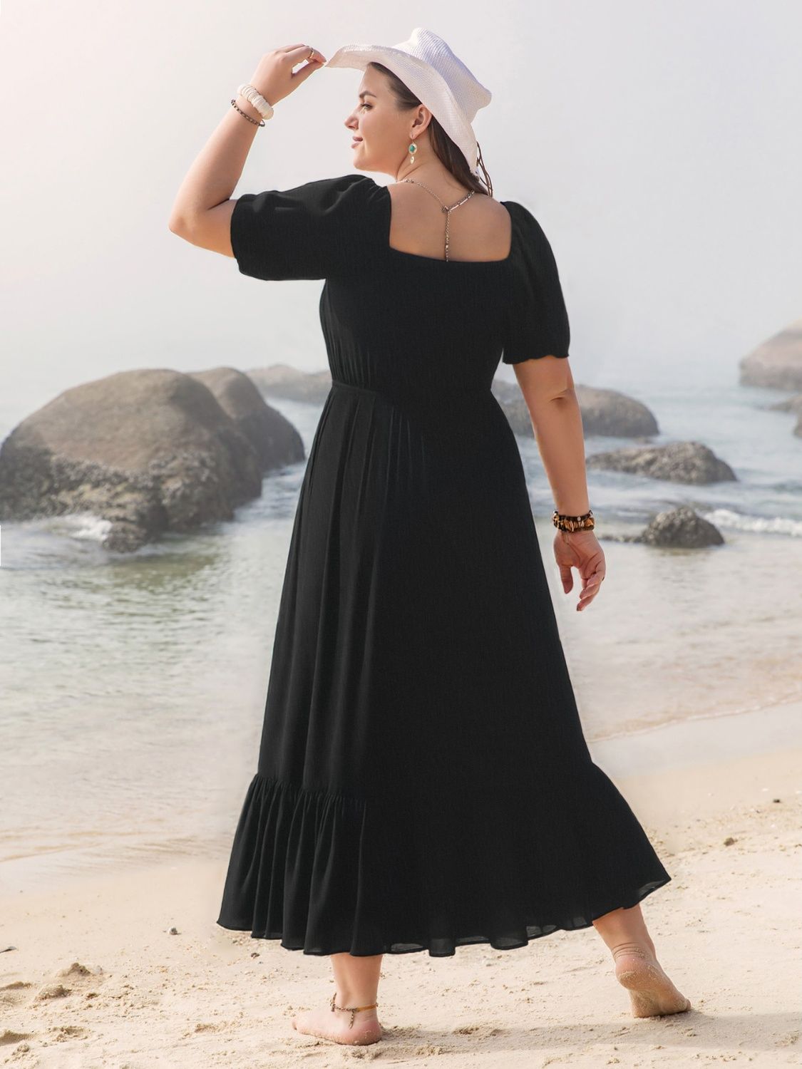 Plus Size Ruffled Hem Square Neck Short Sleeve Dress.
