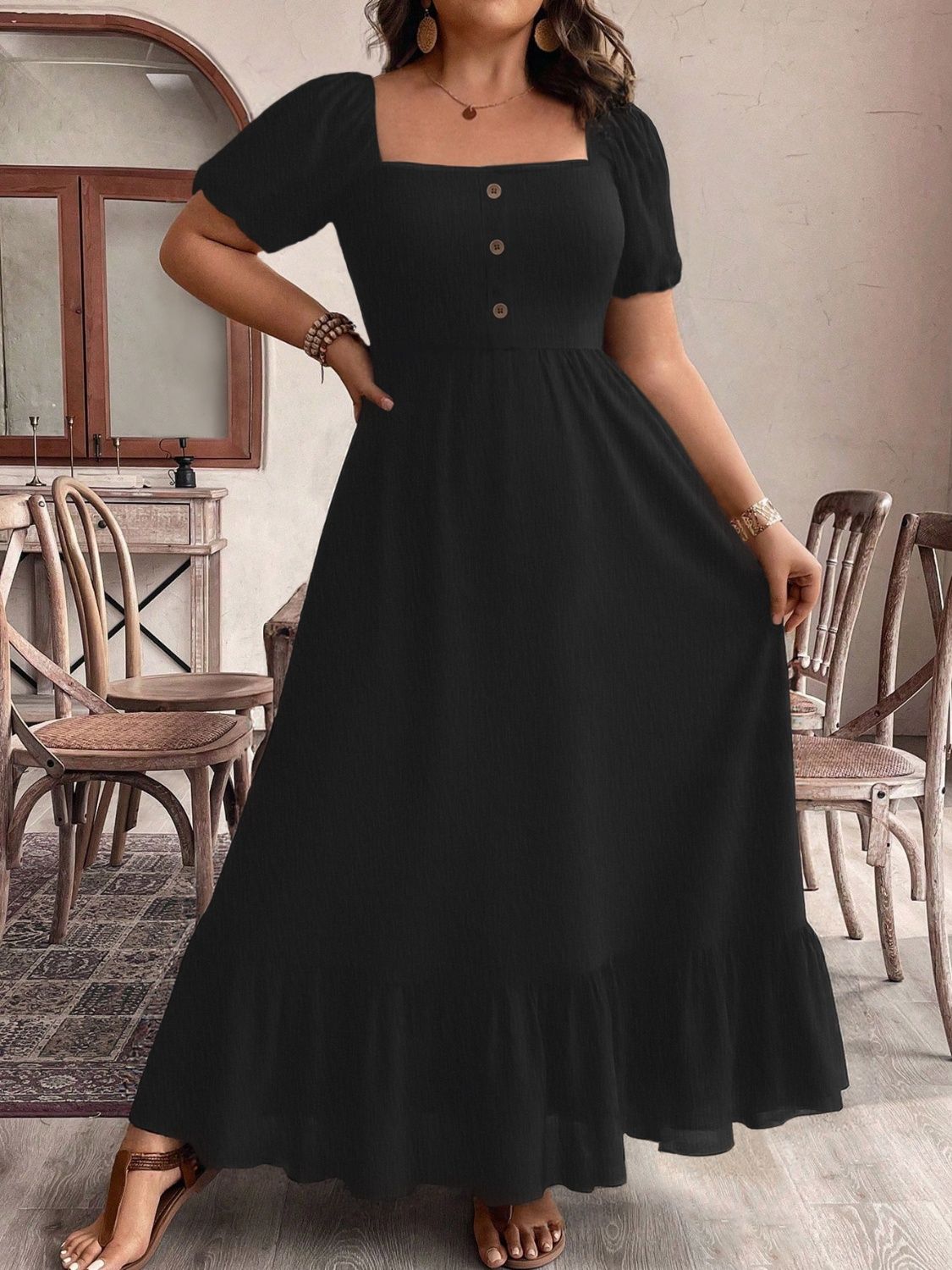 Plus Size Ruffled Hem Square Neck Short Sleeve Dress.