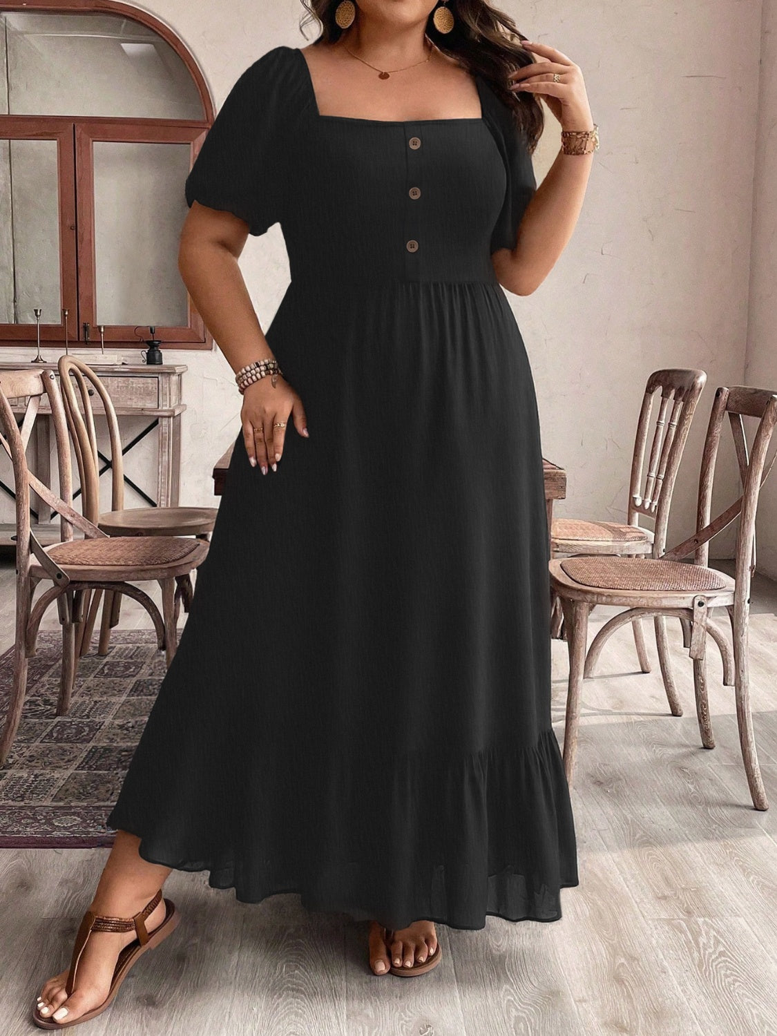 Plus Size Ruffled Hem Square Neck Short Sleeve Dress.