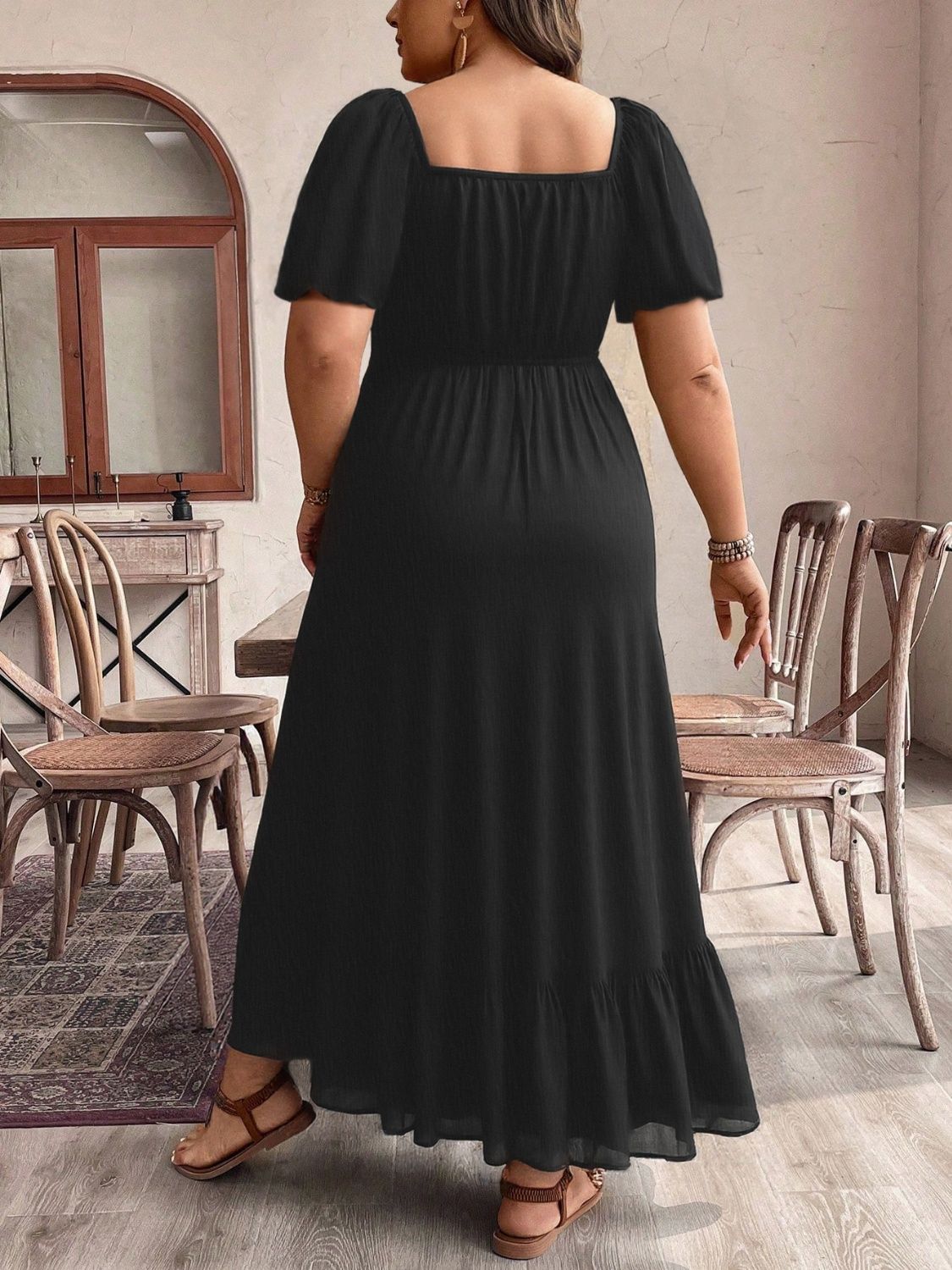 Plus Size Ruffled Hem Square Neck Short Sleeve Dress.