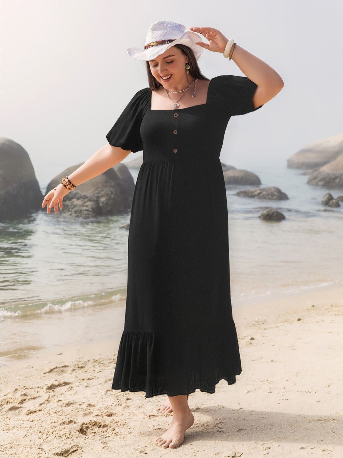 Plus Size Ruffled Hem Square Neck Short Sleeve Dress.