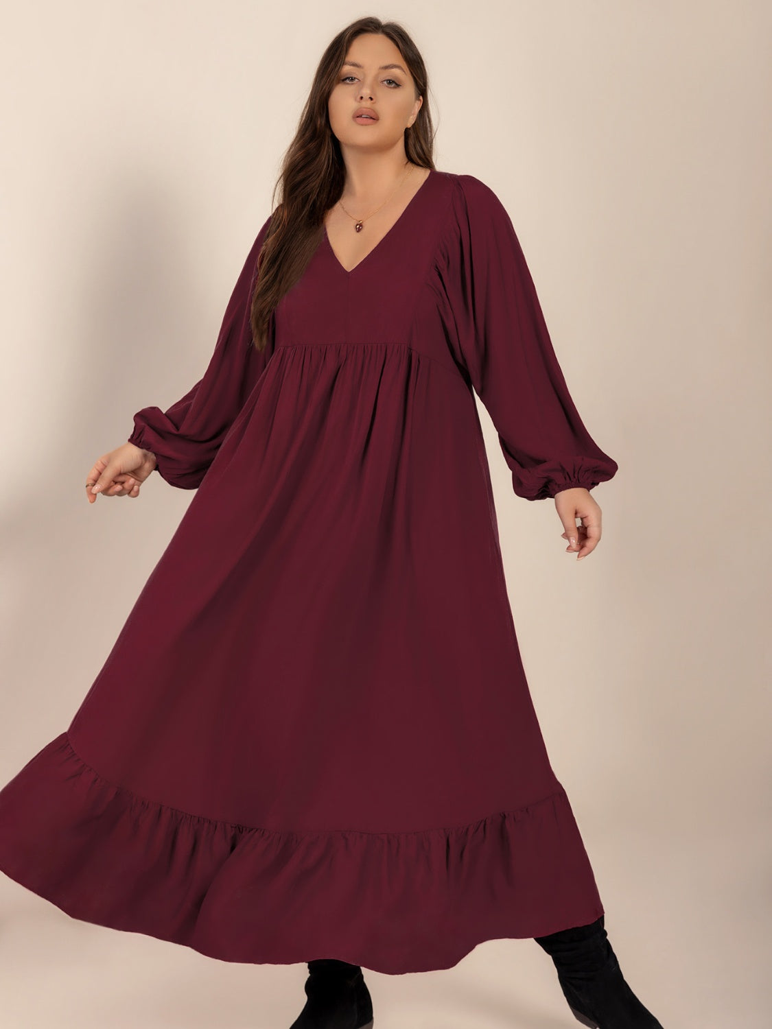 Plus Size Ruffled Hem V-Neck Balloon Sleeve Dress.