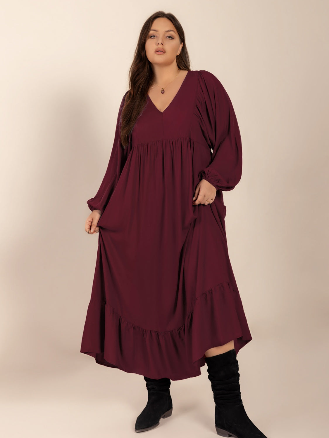 Plus Size Ruffled Hem V-Neck Balloon Sleeve Dress.