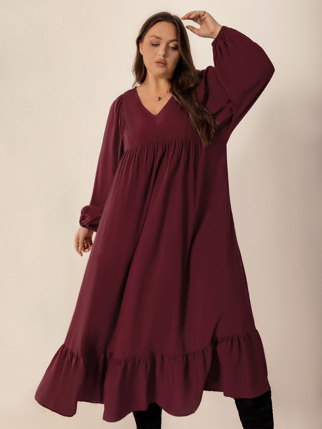 Plus Size Ruffled Hem V-Neck Balloon Sleeve Dress.