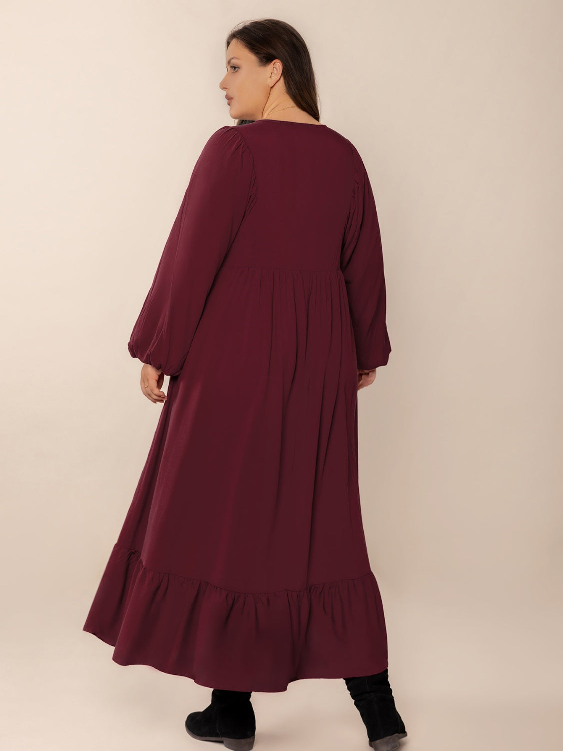Plus Size Ruffled Hem V-Neck Balloon Sleeve Dress.