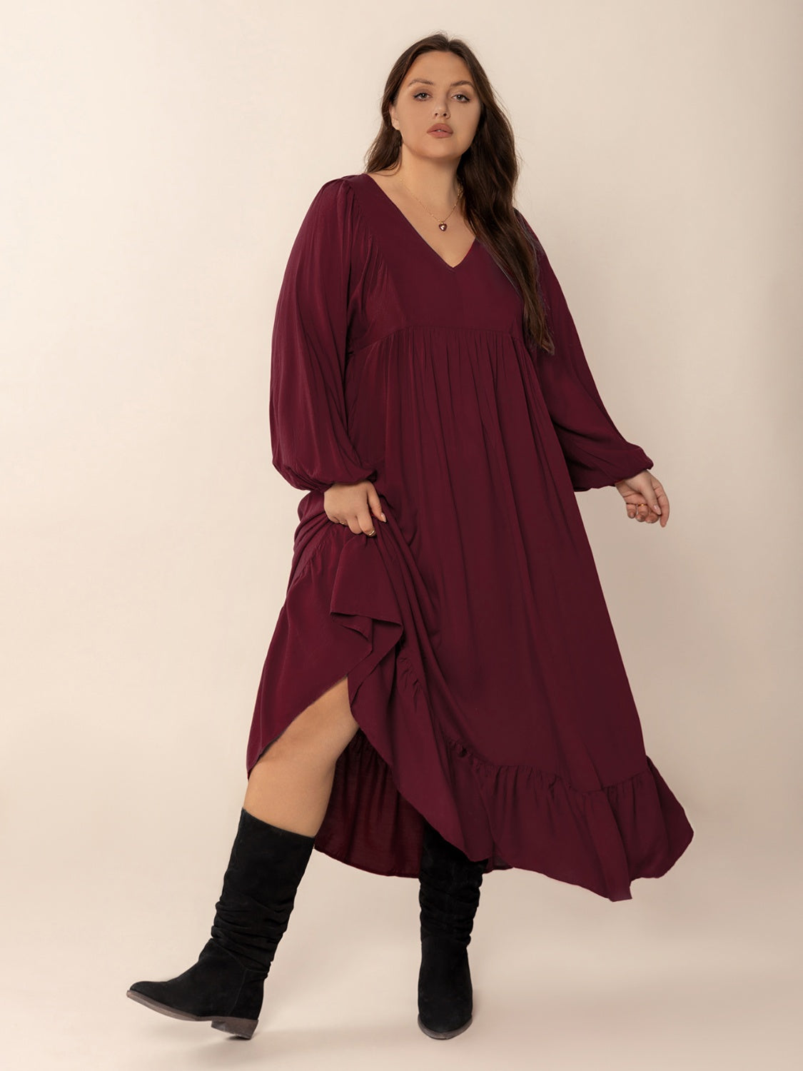 Plus Size Ruffled Hem V-Neck Balloon Sleeve Dress.