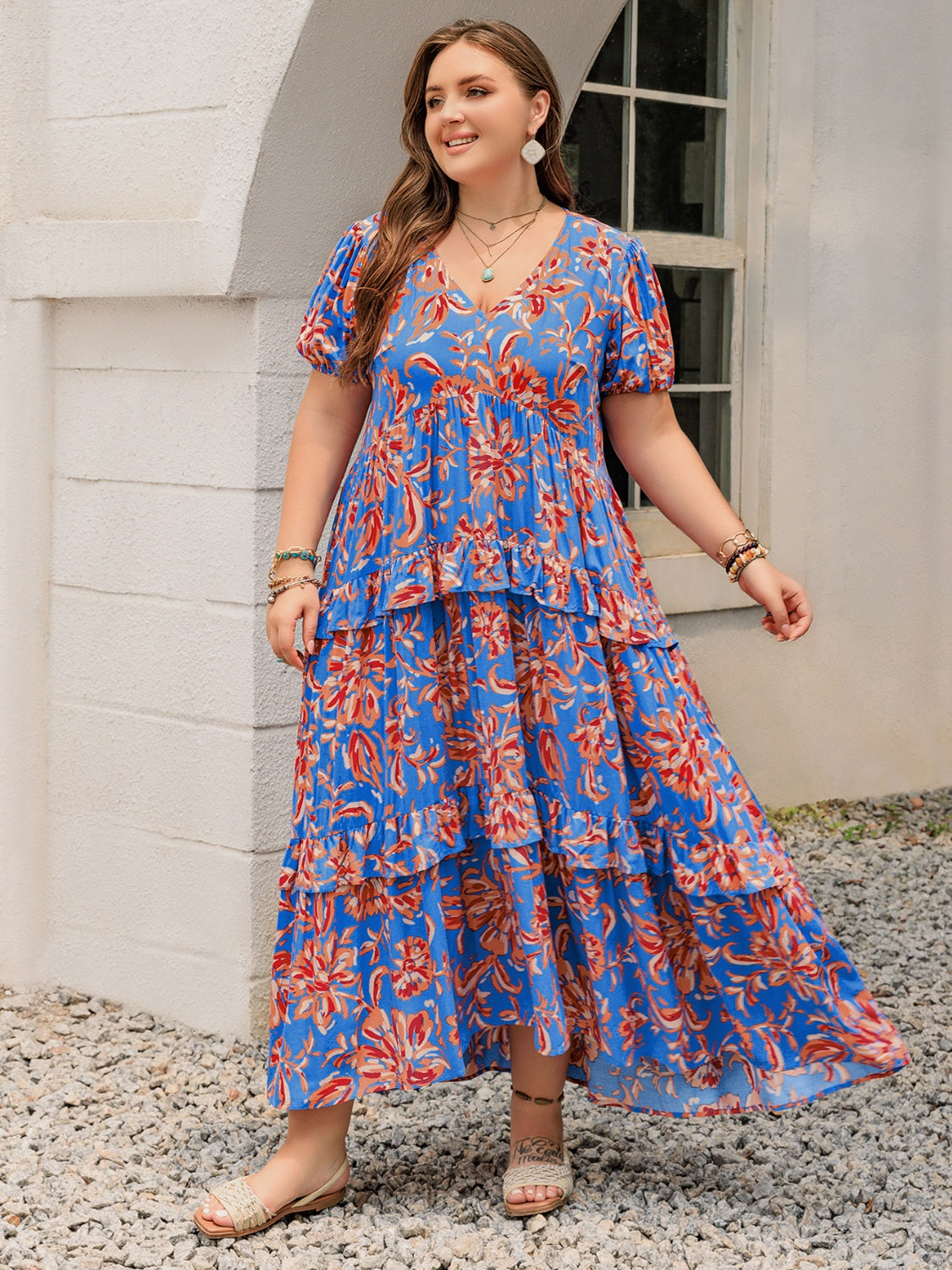 Plus Size Ruffled Printed V-Neck Short Sleeve Maxi Dress.