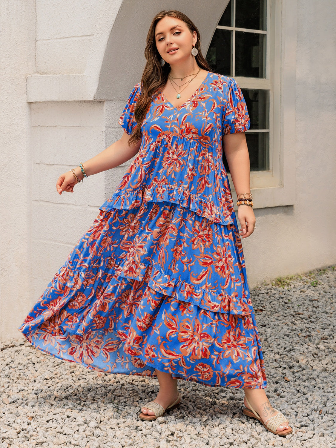 Plus Size Ruffled Printed V-Neck Short Sleeve Maxi Dress.