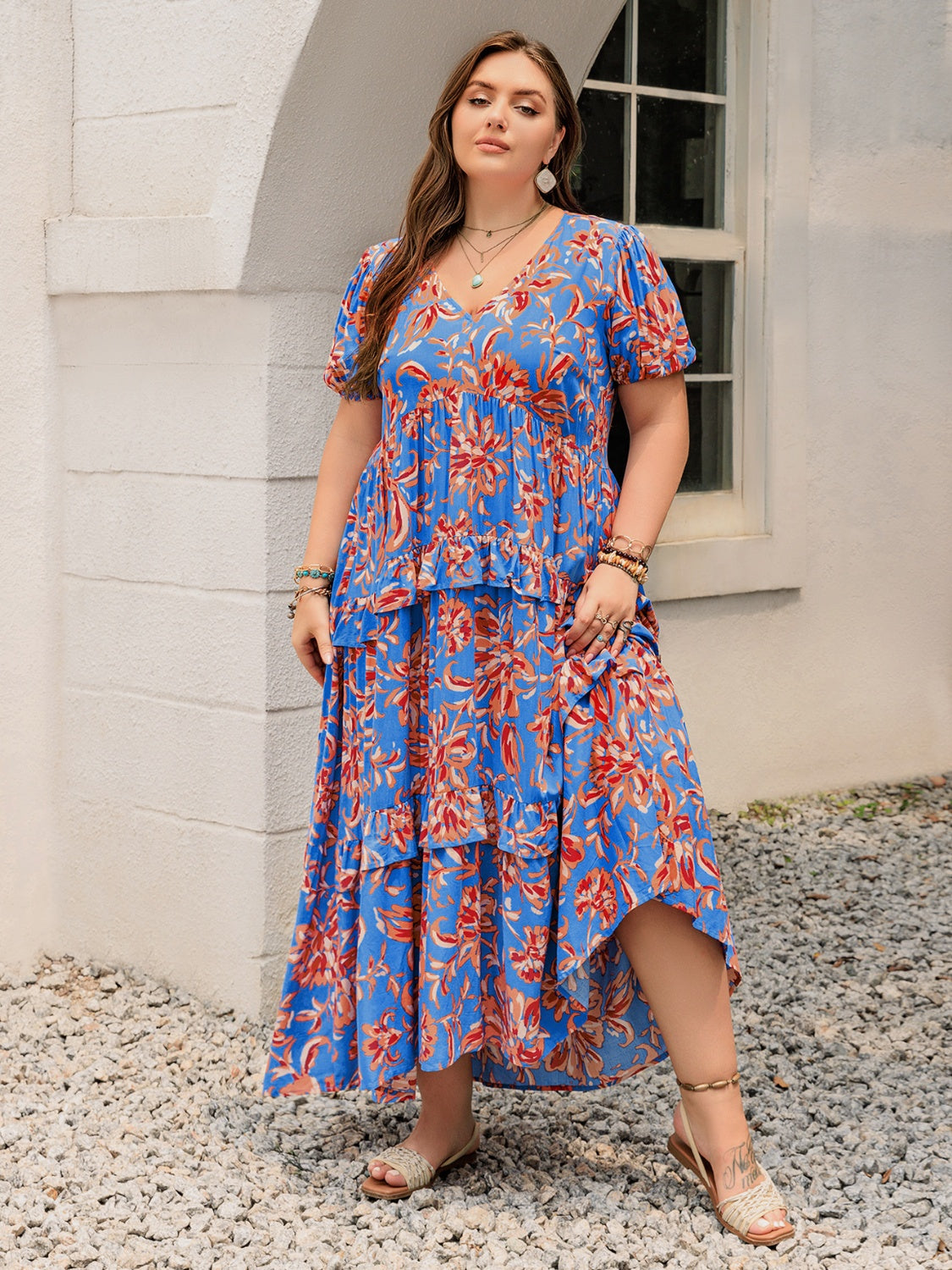 Plus Size Ruffled Printed V-Neck Short Sleeve Maxi Dress.