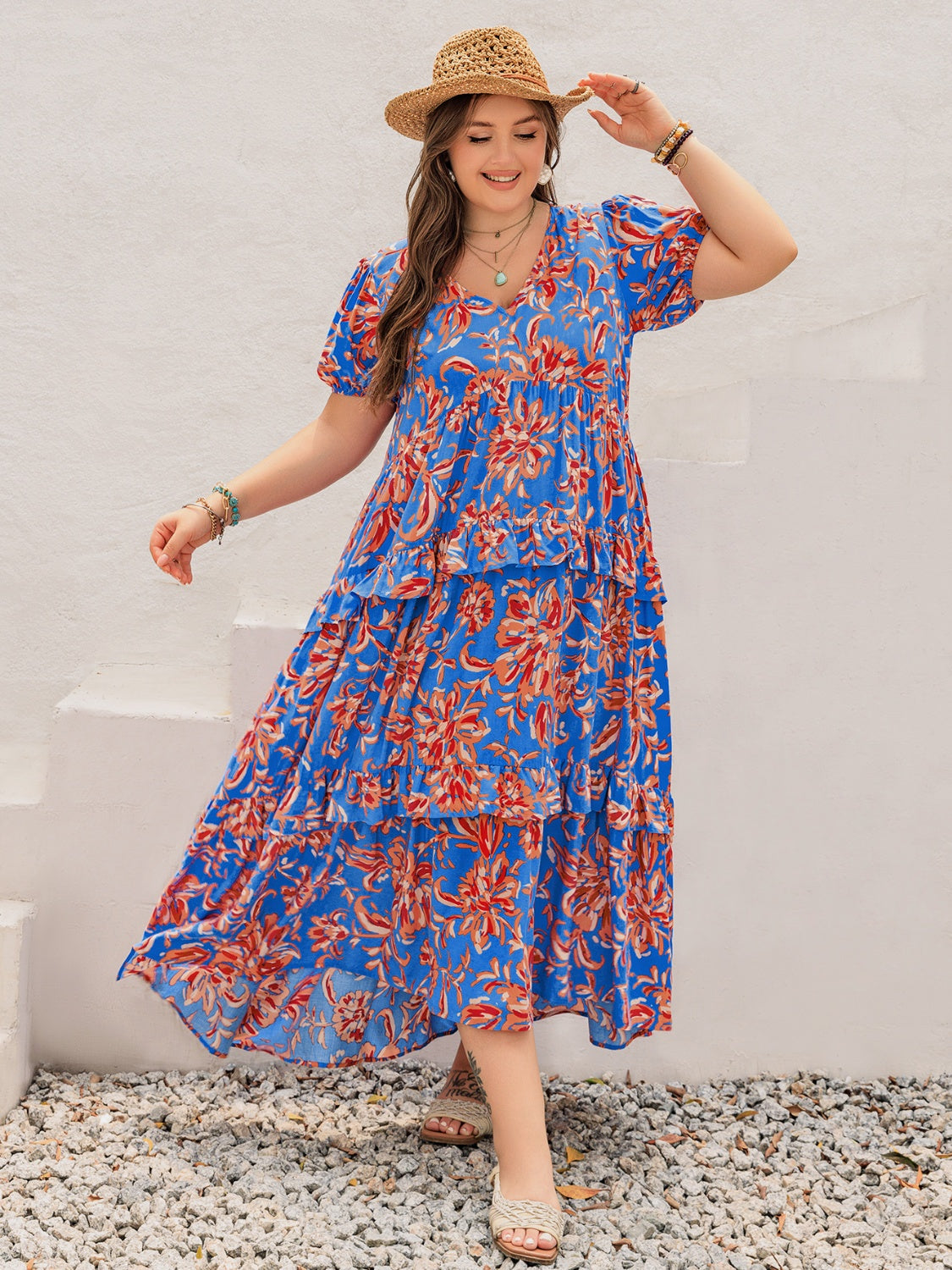 Plus Size Ruffled Printed V-Neck Short Sleeve Maxi Dress.