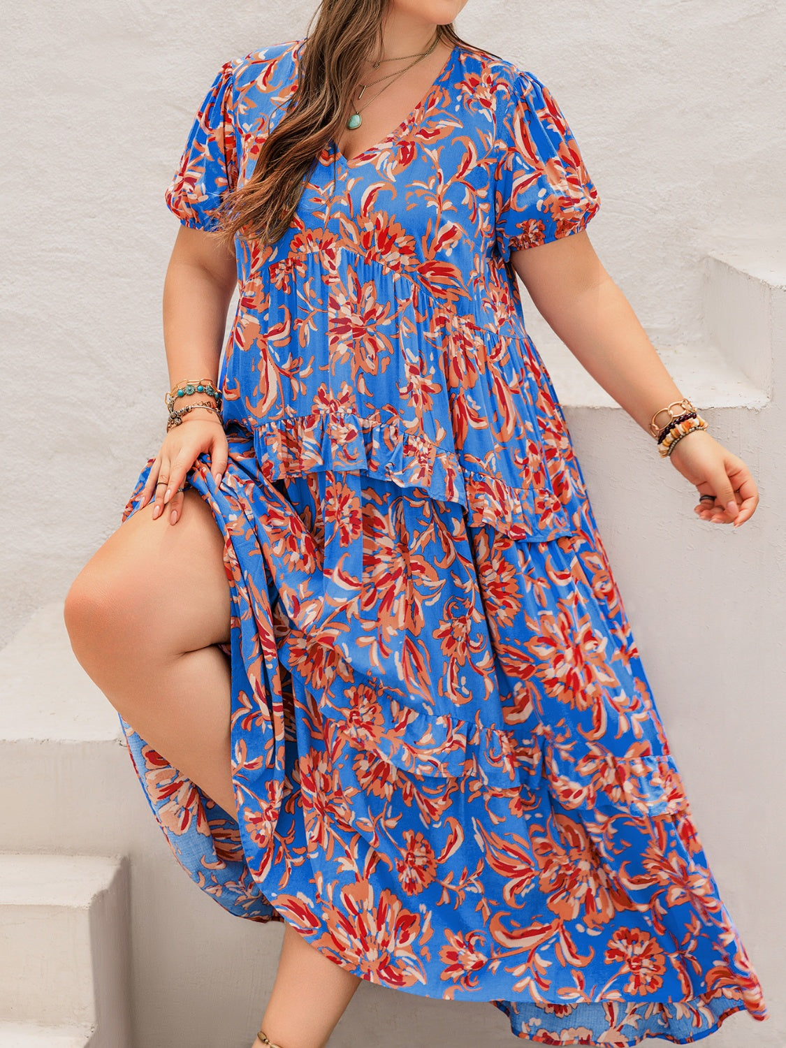 Plus Size Ruffled Printed V-Neck Short Sleeve Maxi Dress.