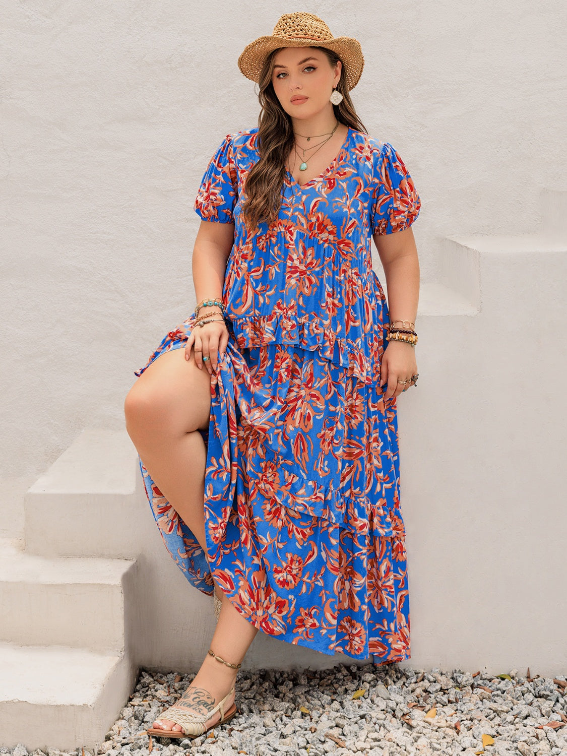 Plus Size Ruffled Printed V-Neck Short Sleeve Maxi Dress.
