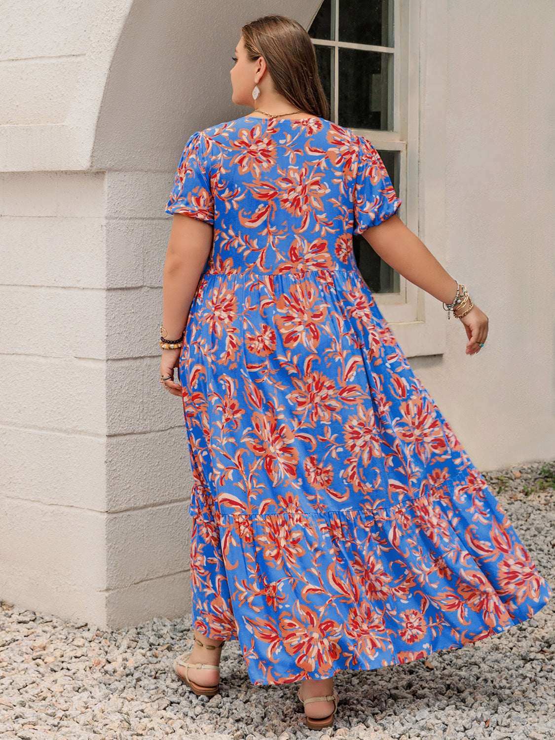 Plus Size Ruffled Printed V-Neck Short Sleeve Maxi Dress.