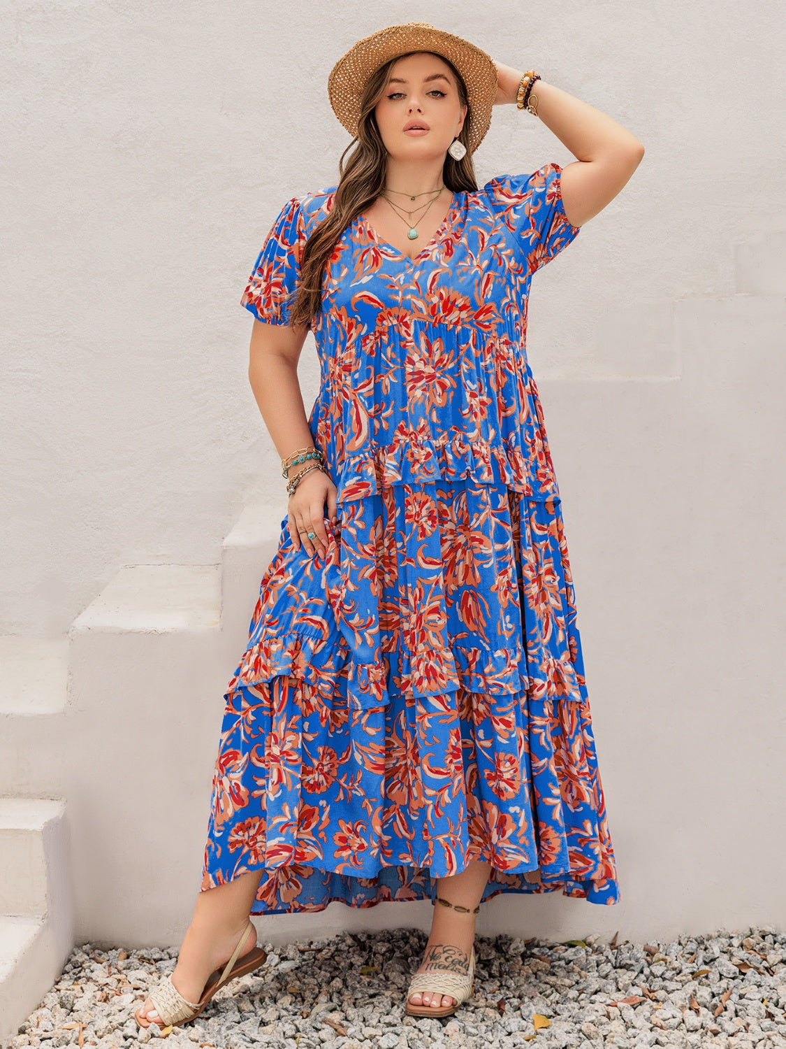 Plus Size Ruffled Printed V-Neck Short Sleeve Maxi Dress.