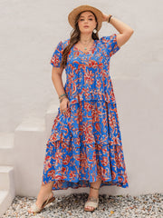 Plus Size Ruffled Printed V-Neck Short Sleeve Maxi Dress.