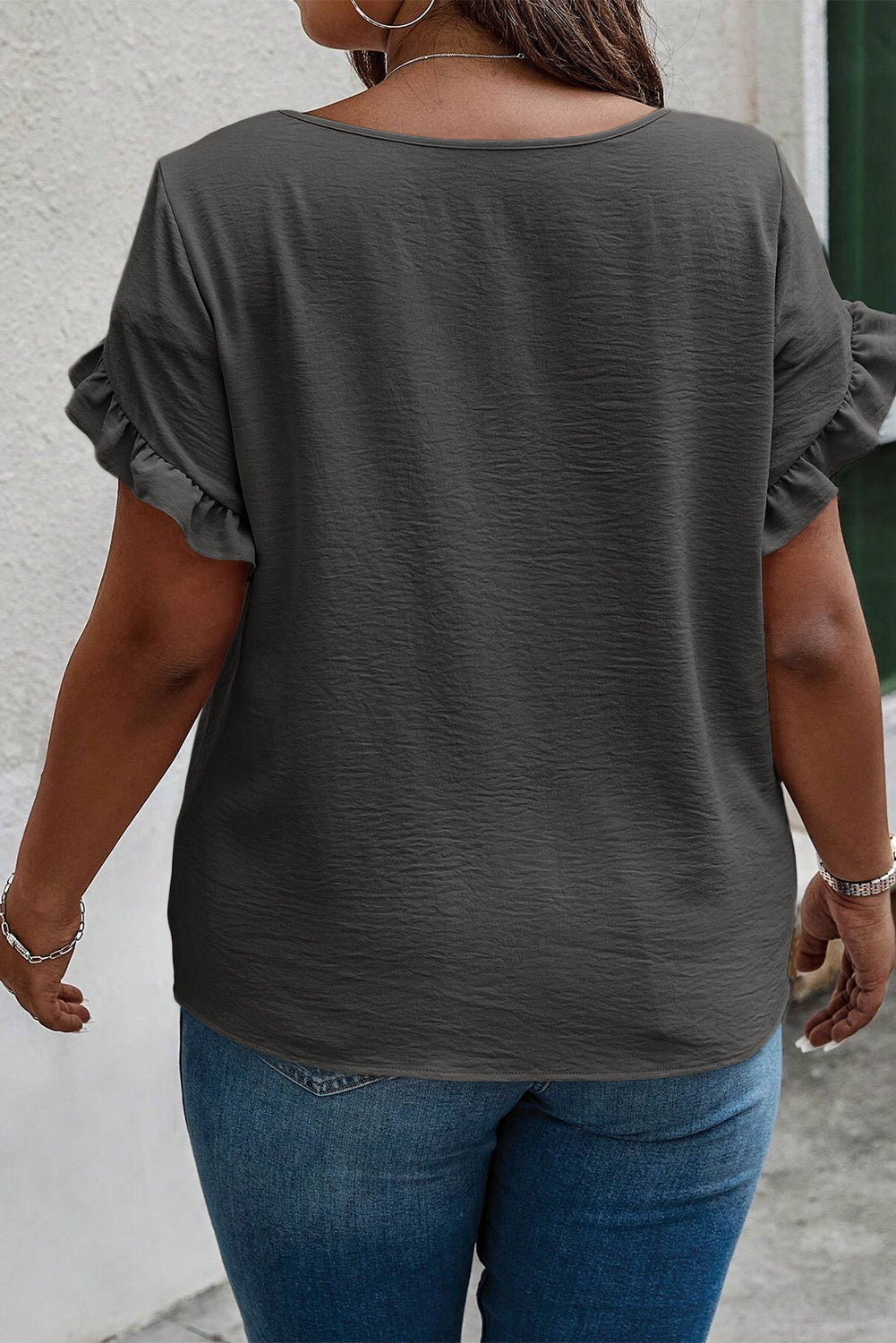 Plus Size Ruffled Round Neck Short Sleeve Blouse.