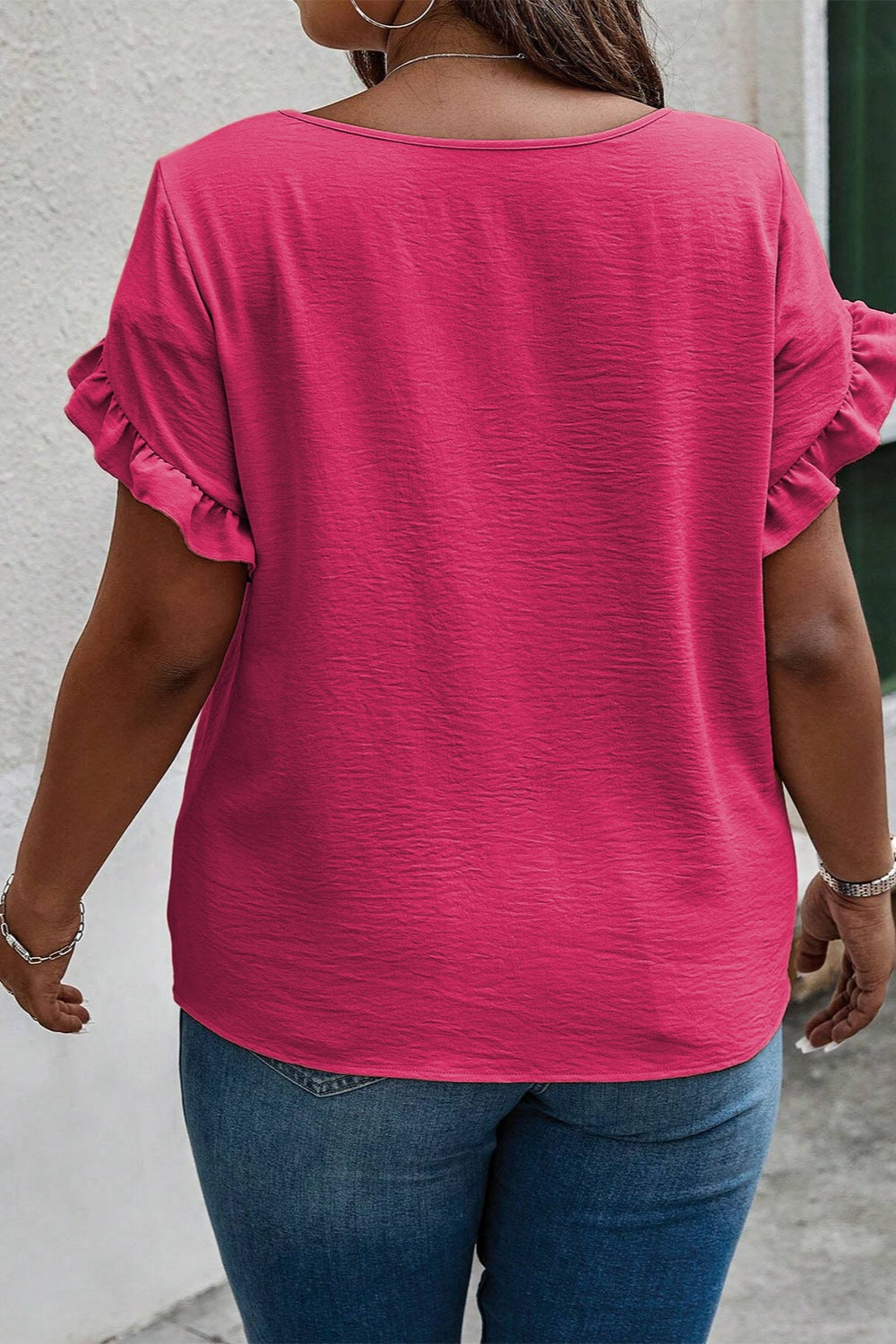 Plus Size Ruffled Round Neck Short Sleeve Blouse.