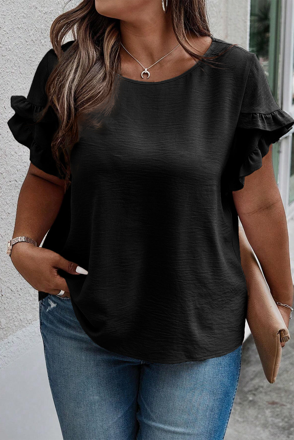 Plus Size Ruffled Round Neck Short Sleeve Blouse.
