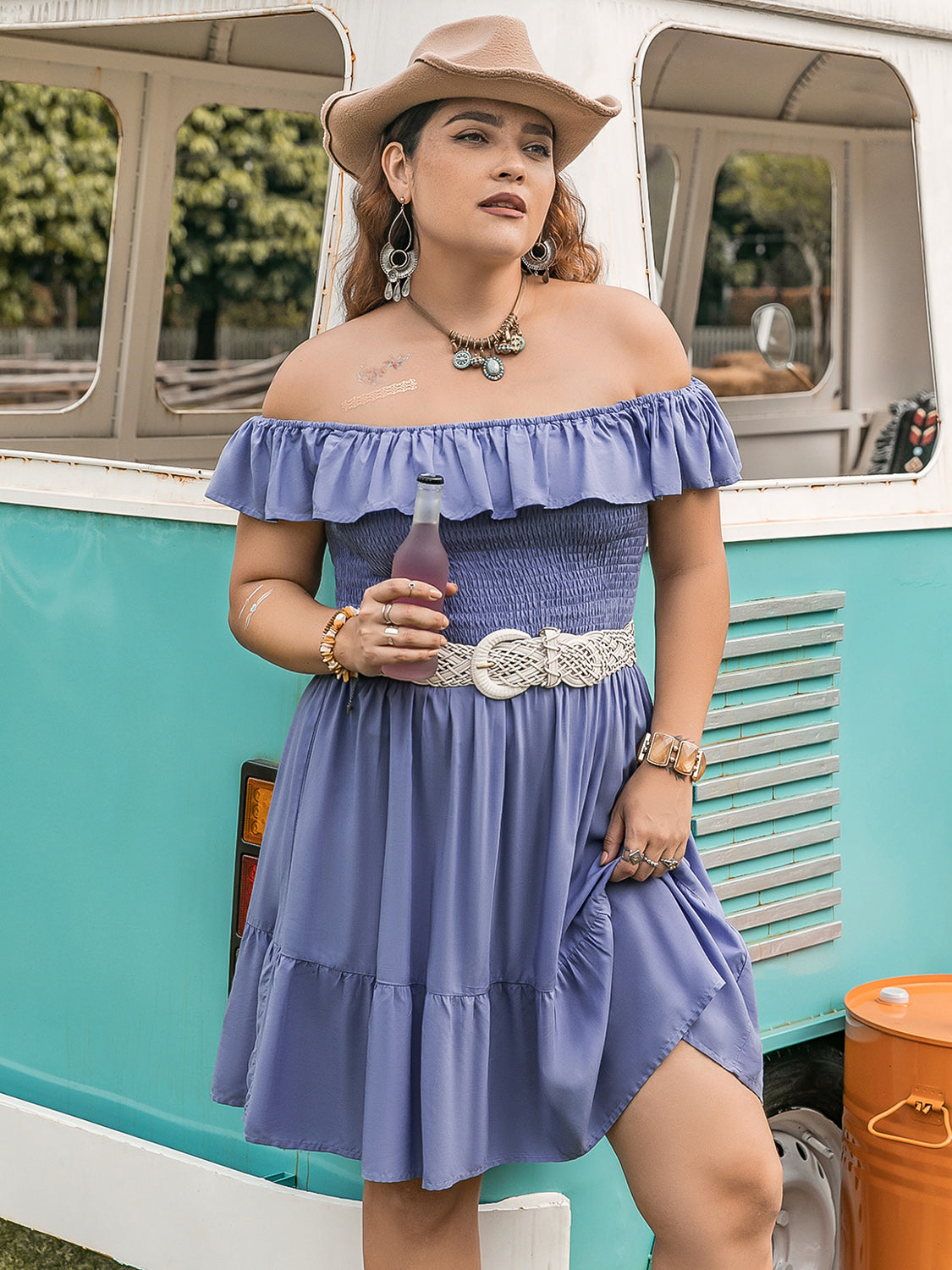 Plus Size Ruffled Smocked Off-Shoulder Mini Dress.