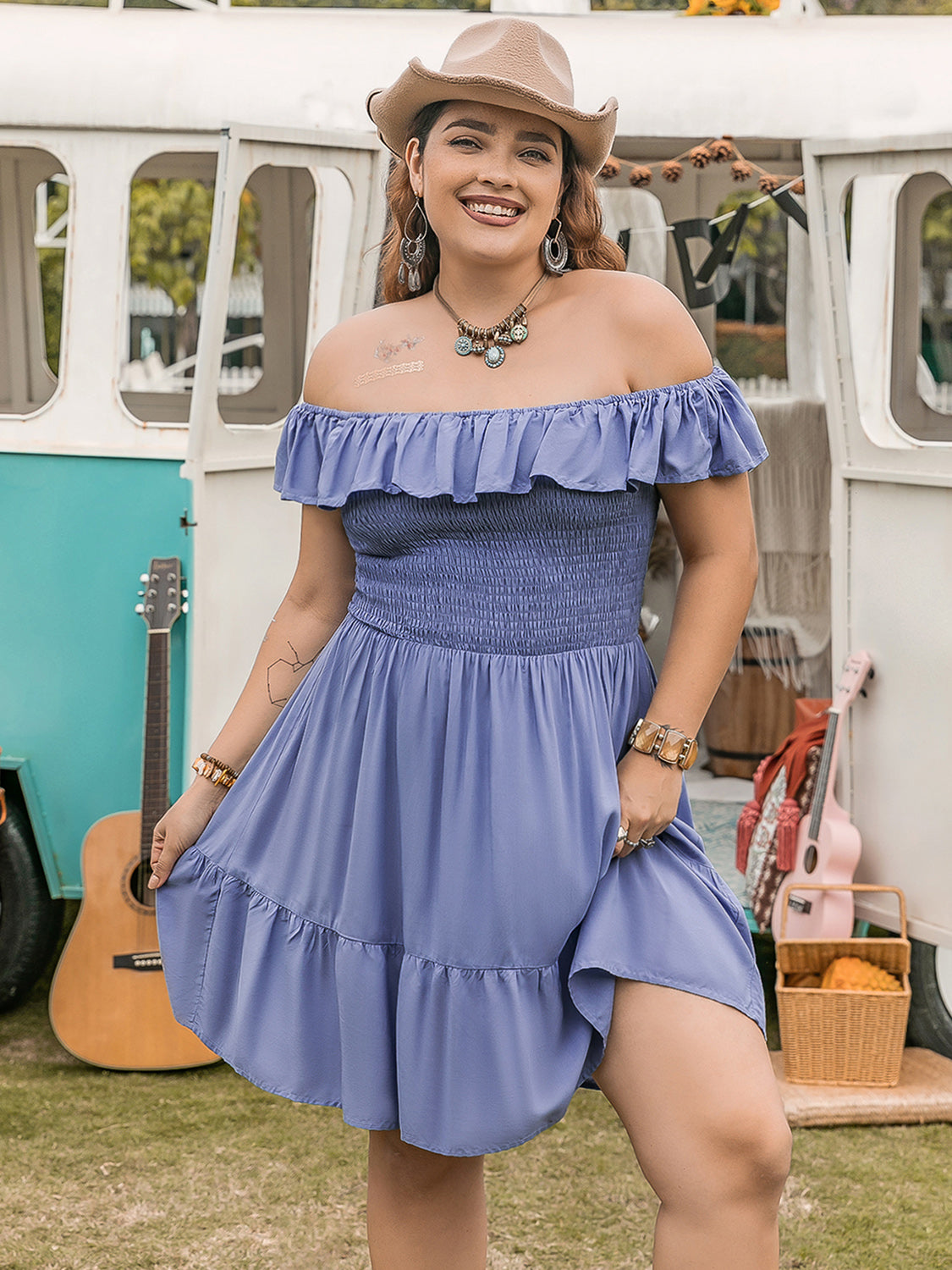 Plus Size Ruffled Smocked Off-Shoulder Mini Dress.