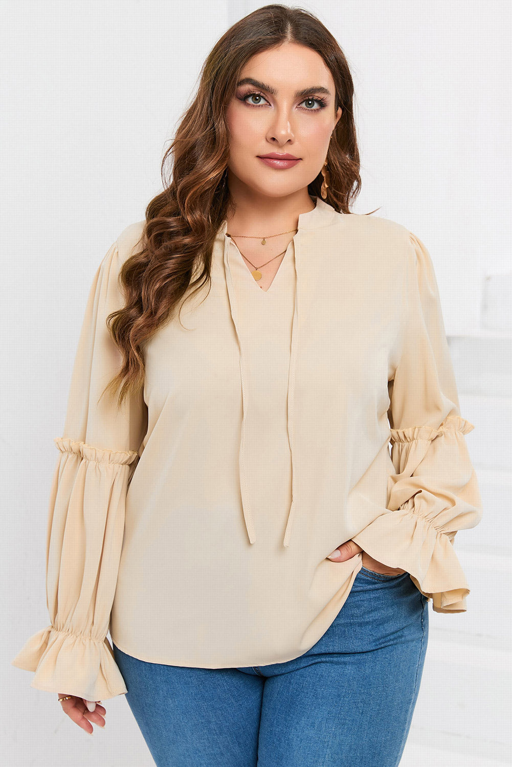 Plus Size Ruffled Tie Neck Flounce Sleeve Blouse.