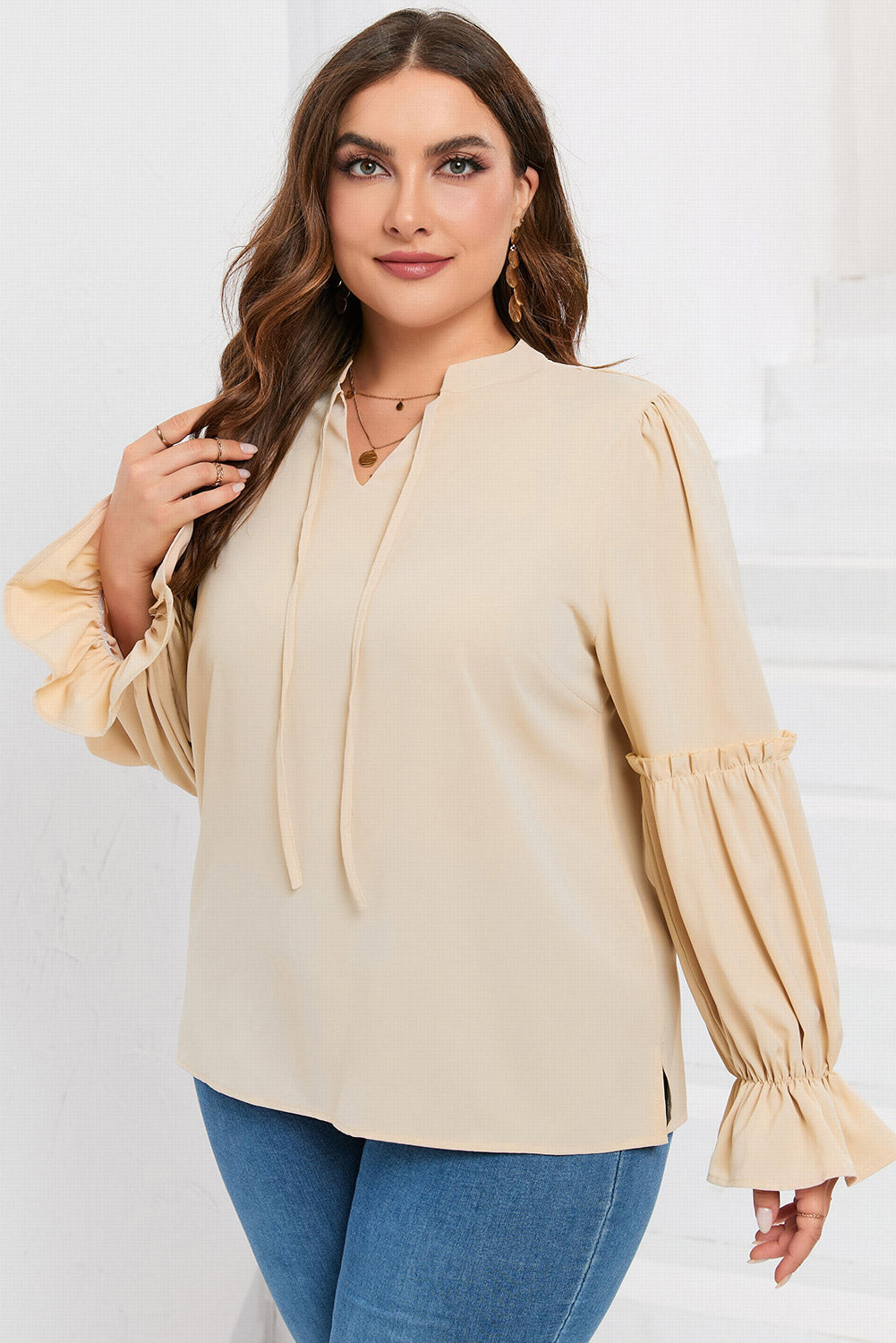 Plus Size Ruffled Tie Neck Flounce Sleeve Blouse.