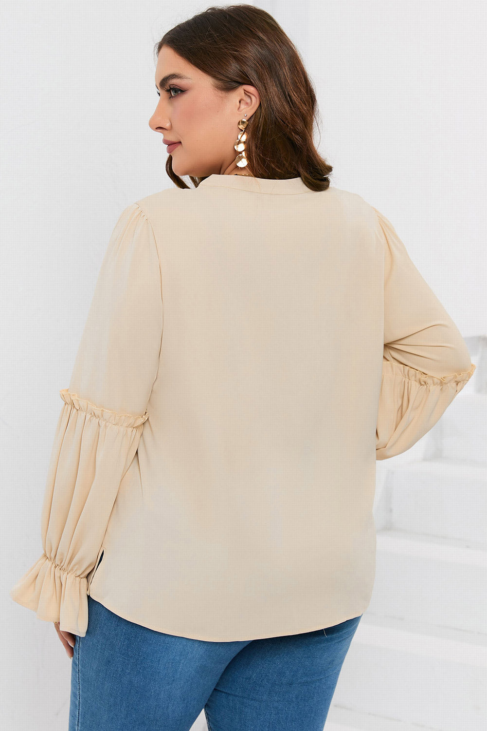 Plus Size Ruffled Tie Neck Flounce Sleeve Blouse.