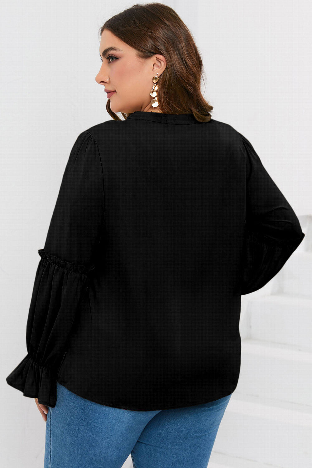 Plus Size Ruffled Tie Neck Flounce Sleeve Blouse.