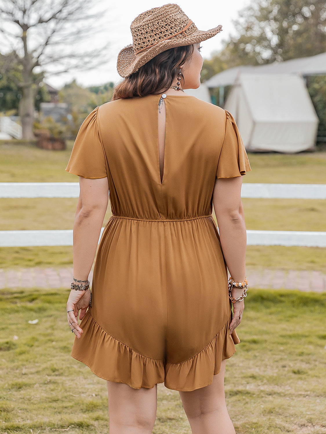 Plus Size Ruffled V-Neck Short Sleeve Romper with Buttons.