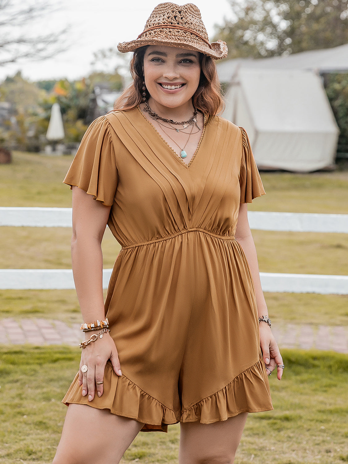Plus Size Ruffled V-Neck Short Sleeve Romper with Buttons.
