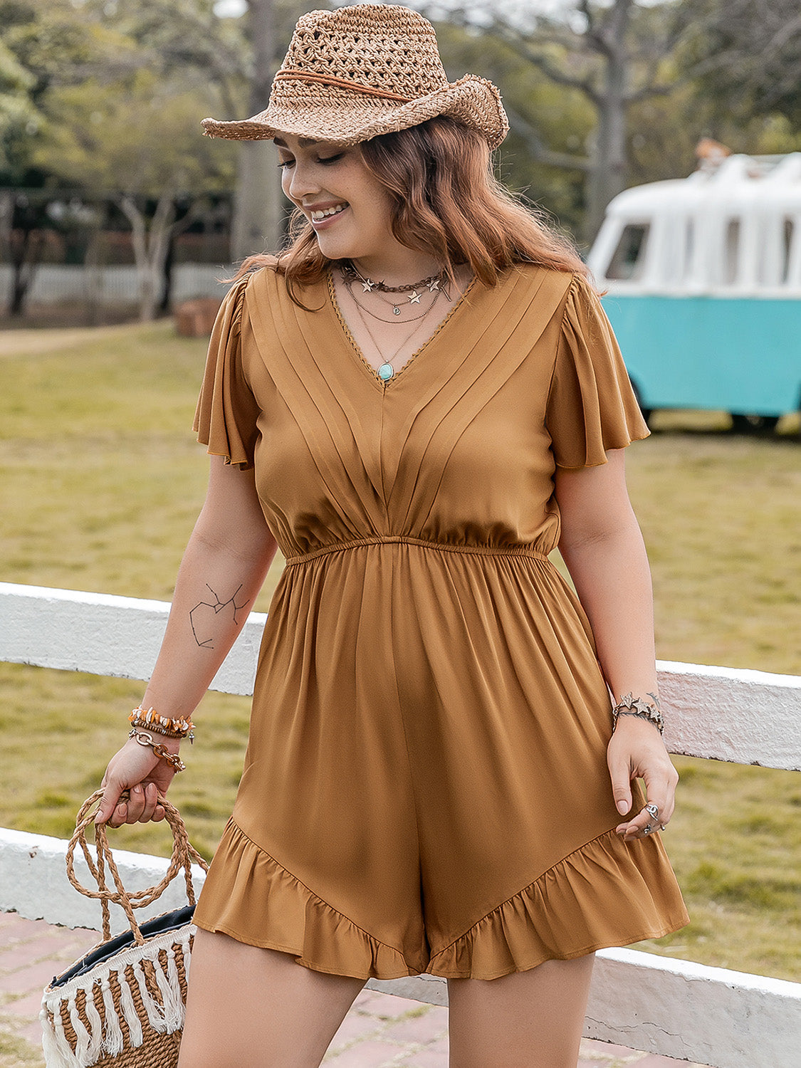 Plus Size Ruffled V-Neck Short Sleeve Romper with Buttons.
