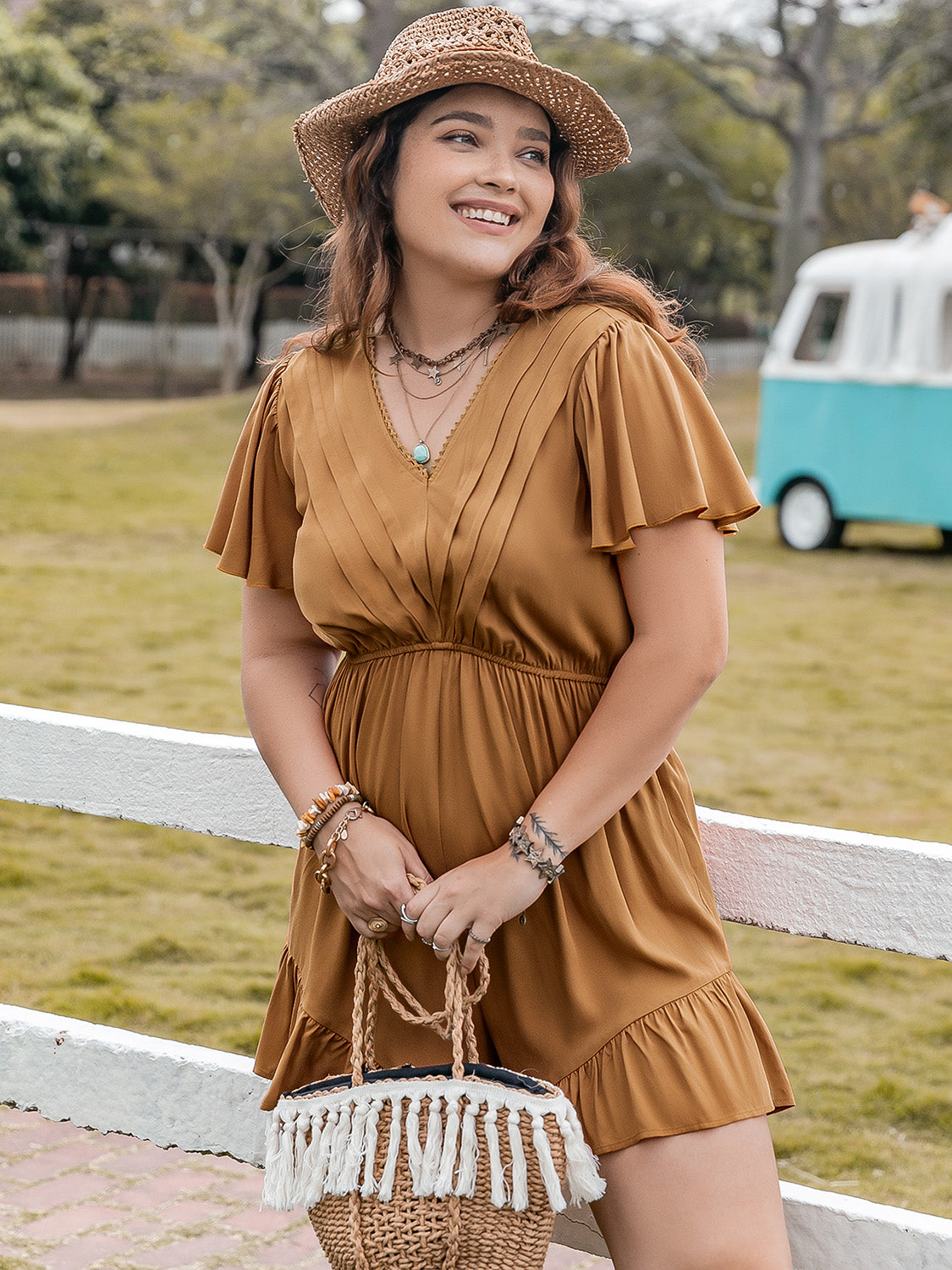 Plus Size Ruffled V-Neck Short Sleeve Romper with Buttons.